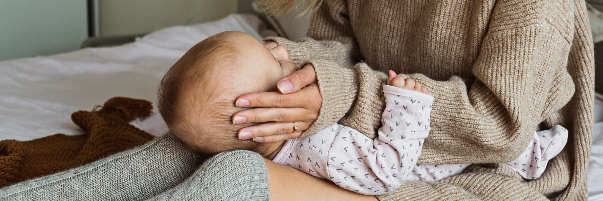 Horizontal banner for web design with mom and baby. Happy motherhood, childhood, child health care